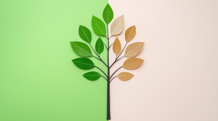 Paper Craft Tree Green and Brown Leaves on Split Tone Background