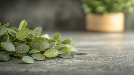 Close-up of eucalyptus leaves on a grey concrete table with a blurred background, a concept for green plant-based products and eco-friendly living