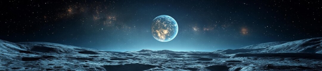 Fototapeta premium Peaceful moon landscape with a distant glowing planet and stars. Generative AI