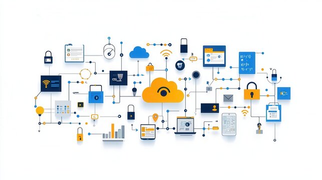 This well organized flat style presents a comprehensive landscape of technology and digital solutions  showcasing a diverse array of interconnected elements including cloud  network  data  security