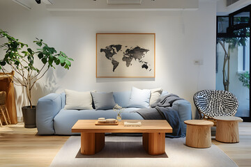 Home decor, stylish Scandinavian living room interior with design mint sofa, furnitures, mock up poster map, plants, and elegant personal accessories. Interior design. Template. Ready to use