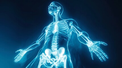 Futuristic medical scan of a male body, transparent X-ray effect with visible bones, healthcare and science concept, blue background