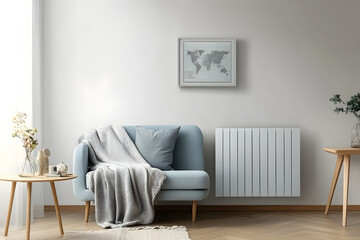 Home decor, stylish Scandinavian living room interior with design mint sofa, furnitures, mock up poster map, plants, and elegant personal accessories. Interior design. Template. Ready to use