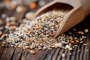 Mixed seeds spilling from wooden scoop on rustic table
