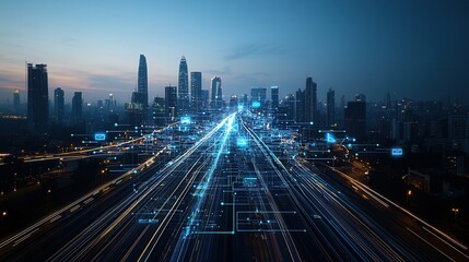 Fototapeta premium Futuristic metropolis at night with a dynamic skyline of towering skyscrapers illuminated highways and a bustling flow of traffic The city is alive with a vibrant energy