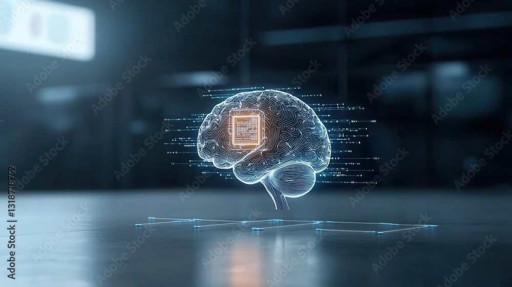 Poster futuristic digital cognition concept showcasing a visualized human brain with a glowing matrix like 