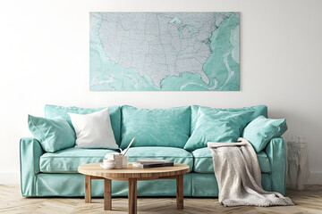 Interior design, template, ready to use, stylish Scandinavian living room interior with design mint sofa, furnitures, mock up poster map, plants, and elegant personal accessories. Home decor.