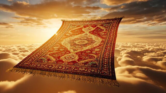 Magic carpet soaring above soft clouds during sunset in a serene sky