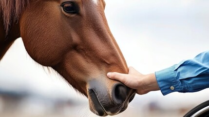 Gently touching a horse's nose outdoor stable animal interaction tranquil environment close-up view trust and bonding