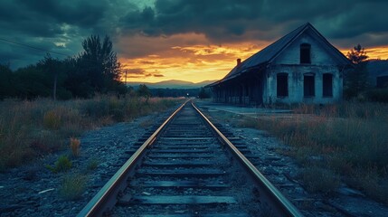 A train track leading to a dilapidated train station at sunset.