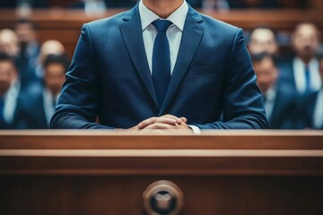 Politician sitting with hands clasped in government building