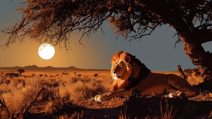 Naklejka premium Lion lounging in the Namibian savannah, warm golden grass, serene atmosphere, majestic presence, wildlife tranquility, natural habitat scene