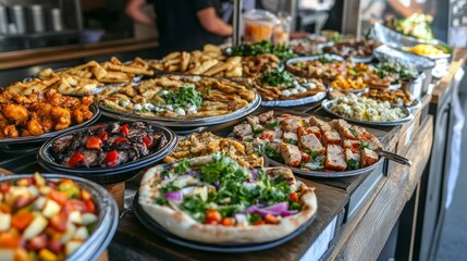 Fototapeta premium Mouthwatering dishes beckon from colorful platters, showcasing a variety of flavors at an outdoor festival. Chefs engage with guests as aromas fill the air, inviting all to indulge
