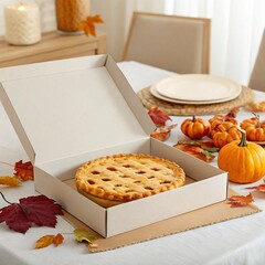Warm pumpkin pie in a box with autumn decorations on table.