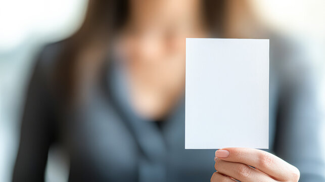 Person holding a blank card with a blurred background in a professional setting. - Powered by Adobe