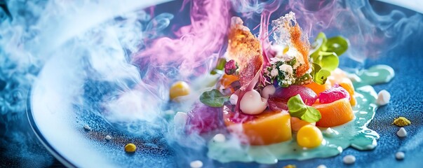 Vibrant gourmet salad with colorful smoke effect.  Modern cuisine, creative food styling, artistic plating.