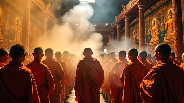 Vesak, Buddha Purnima. Group of monks are standing in a long line, with one monk in the middle of the line