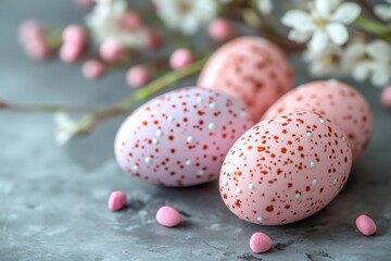 Obraz premium Pink easter eggs decorated with white and red dots resting on gray surface with spring flowers