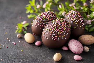 Obraz premium Chocolate easter eggs decorated with colorful sprinkles and spring flowers