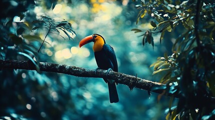 "Colorful Toucan Perched on a Branch in a Lush Green Forest"