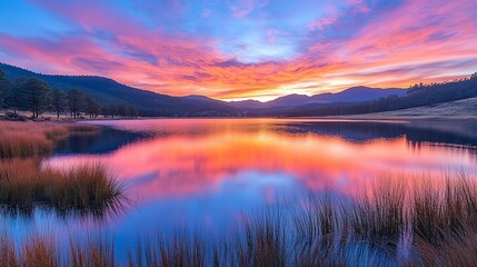 Fototapeta premium Colorful sunset reflects on a calm lake with mountains and trees in the background