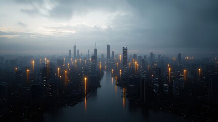 Fototapeta premium Stunning aerial view of a futuristic smart city skyline at night featuring a vast urban landscape with towering illuminated skyscrapers reflected in the calm waters of a river below