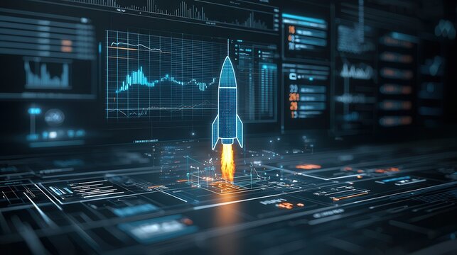 Cutting edge futuristic rocket launch concept with holographic data visualization and technical user interface  Digital showcasing the future of space technology innovation and data driven analytics
