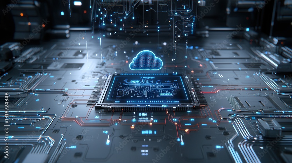 Poster cybernetic and big data processing concept with futuristic digital technology display advanced cloud