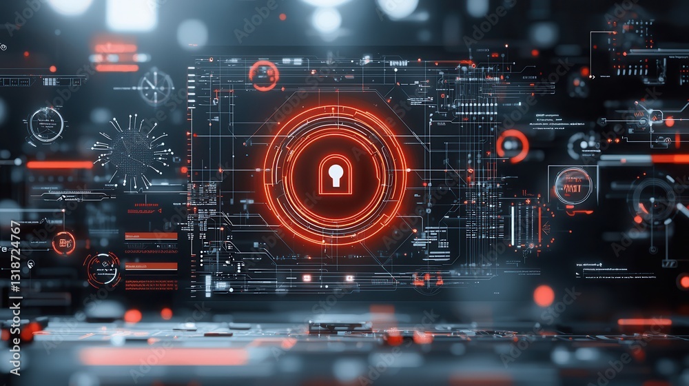 Poster cybernetic data protection artwork featuring a futuristic digital security interface with a visual d