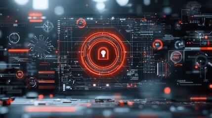 Obraz premium Cybernetic data protection artwork featuring a futuristic digital security interface with a visual dashboard lock icon and holographic data encryption elements in a high tech