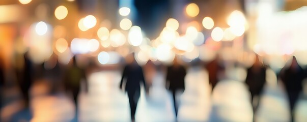 People walking along a city street illuminated by streetlights at night