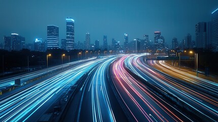Fototapeta premium Futuristic city skyline at night with blurred motion lights and high speed traffic on the highway creating a dynamic and technological urban landscape