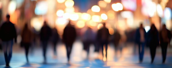 Blurred silhouettes of people walking under city lights at night