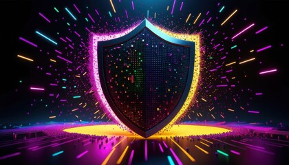 Fototapeta premium Endpoint protection antivirus concept. A vibrant digital shield surrounded by colorful sparks, symbolizing protection and security in a modern, abstract style.