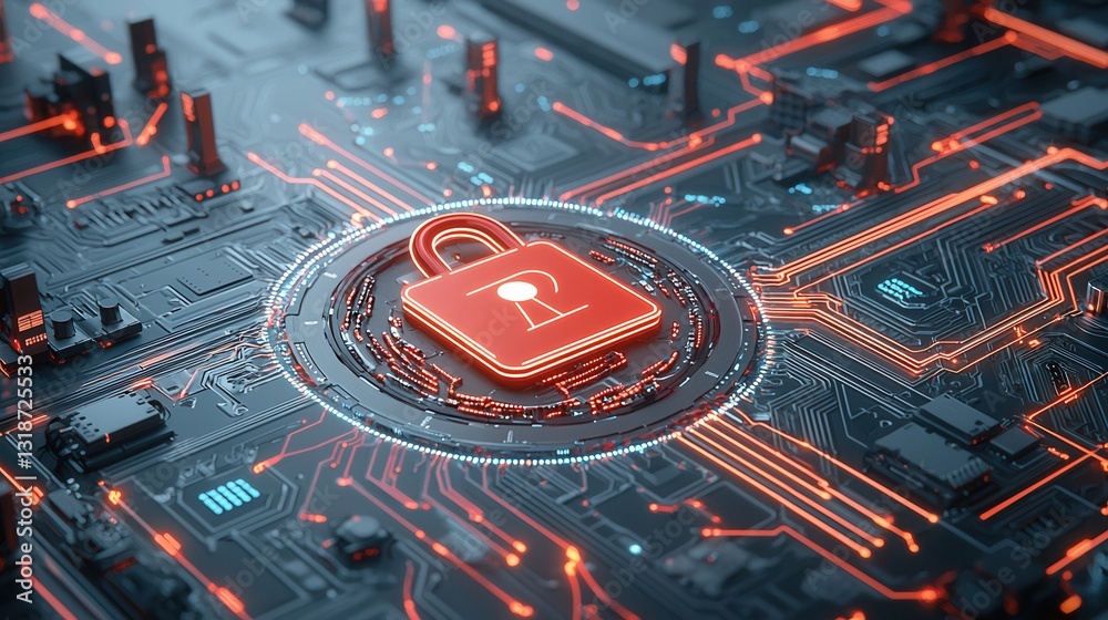 Poster cyberpunk inspired digital security concept featuring a futuristic lock symbol against a backdrop of