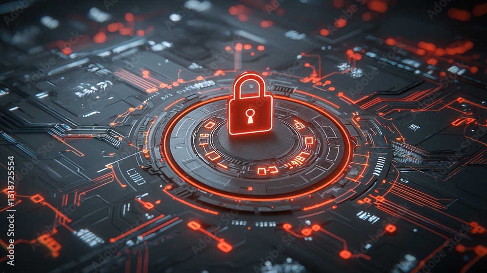 Poster cyberpunk inspired cybersecurity concept featuring digital locks holographic interfaces and futurist