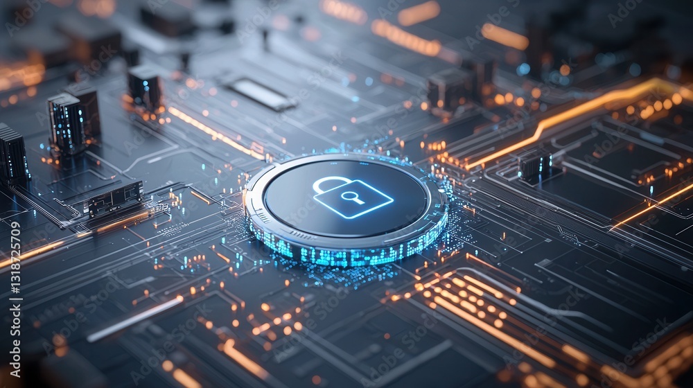 Poster cyberpunk inspired data protection artwork featuring futuristic digital circuit and code elements a 
