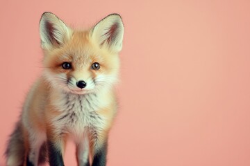 Obraz premium Young fox poses against a soft pink background, showcasing its playful innocence and natural beauty