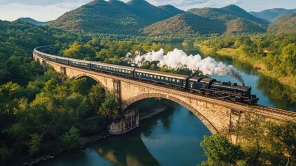 Obraz premium Historic steam train journey across an old stone bridge amidst lush mountain scenery.