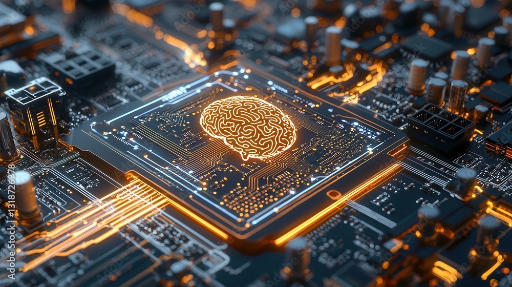 Poster cyberpunk style ai powered brain seamlessly integrated with a complex network of high tech circuits 