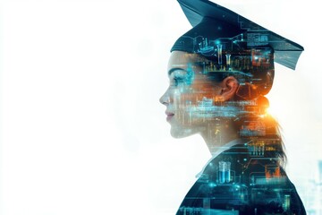 A compelling double exposure merges a graduate's silhouette with a high-tech lab. Symbolizing innovation and education, this image embodies the future of scientific discovery and academic success.