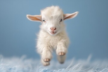 Playful young goat jumps joyfully against a soft blue backdrop in a lively indoor setting