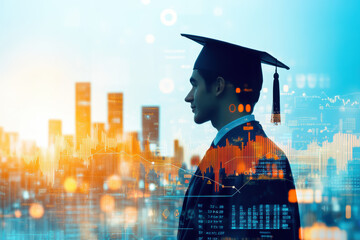 A finance graduate celebrates achievement with a digital economic overlay. The silhouette against crypto symbols and gold coins emphasizes their future in the vibrant financial world.