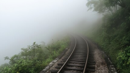 Fototapeta premium Train tracks curve into the fog alongside a steep, verdant mountainside in a natural, atmospheric setting