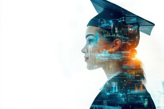 A compelling double exposure merges a graduate's silhouette with a high-tech lab. Symbolizing innovation and education, this image embodies the future of scientific discovery and academic success.