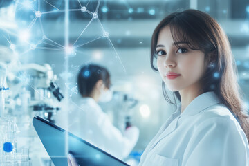 Fototapeta premium A young girl scientist stands confidently in a cutting-edge laboratory. The futuristic lab environment highlights innovation and progress within the scientific community.