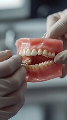 Dentures Hands adjust teeth on pink denture model in dental clinic