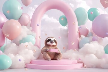 Obraz premium Adorable sloth holding a pink gift card amidst pastel balloons and clouds.