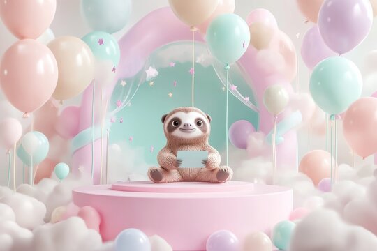 Adorable sloth holding a blank card surrounded by pastel balloons and clouds in a dreamy setting. - Powered by Adobe
