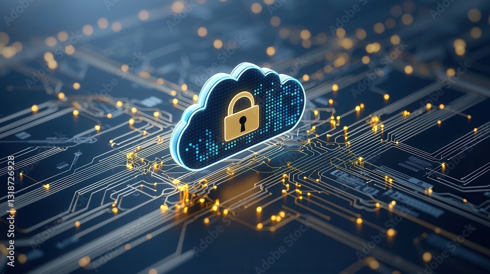 Poster cybersecurity in cloud computing represented by a locked cloud icon on abstract digital background w